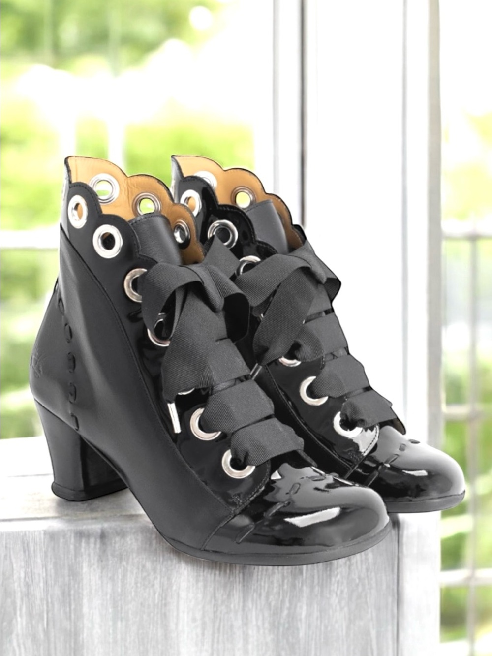 John Fluevog Operetta Licia Scalloped Ankle Boots Black Patent Leather